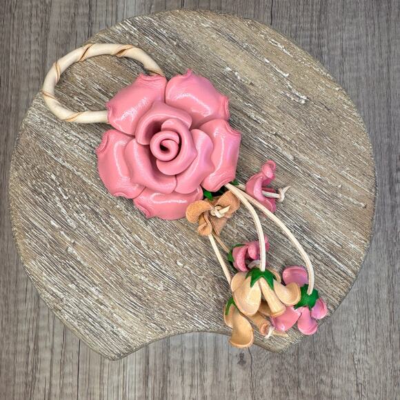 Leather Light Pink Rose Purse Charm Genuine Leather Rose Flower Bag Charm - Picture 5 of 7
